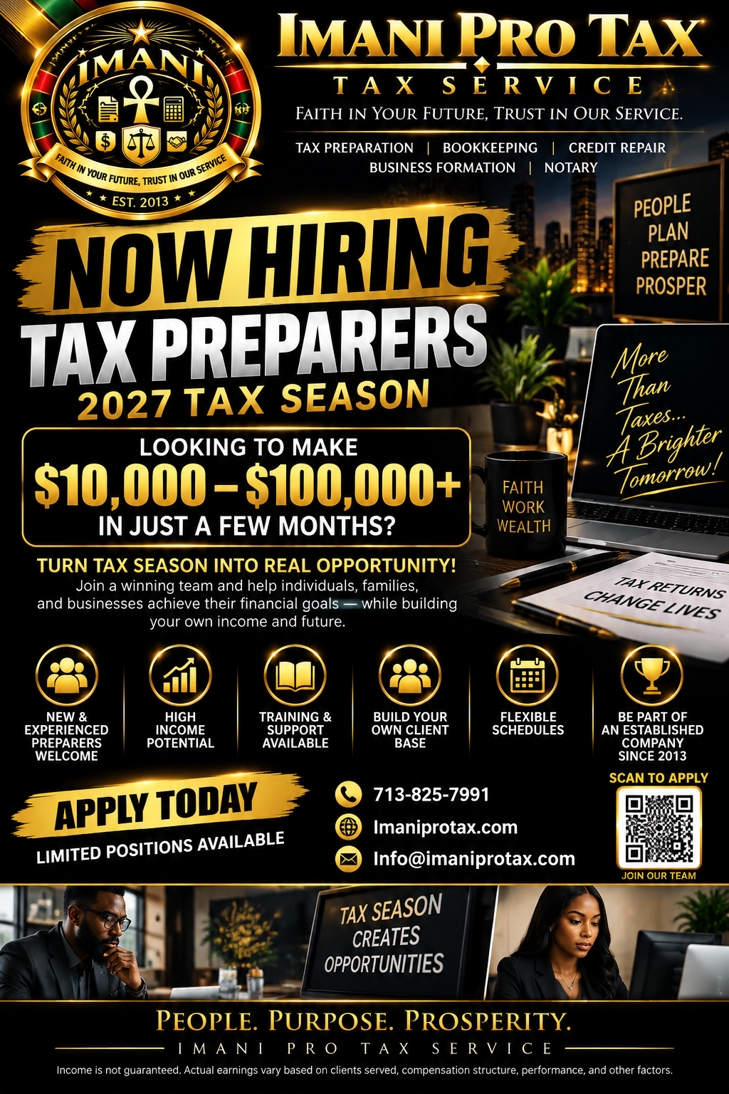 Imani Professional Tax Service 2027 Tax Preparer hiring flyer